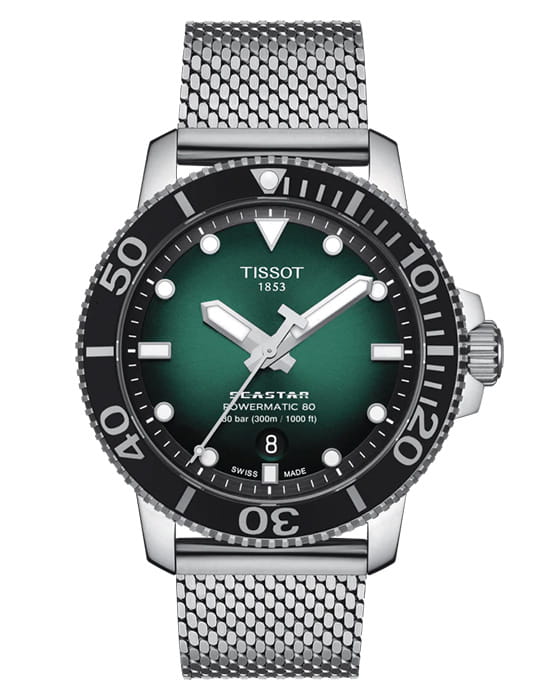 Tissot Tissot Seastar 1000 Powermatic 80 T120.407.11.091.00 Seastar 1000 T1204071109100 механические мужские часы зеленый циферблат, браслет нержавеющая сталь — вид спереди